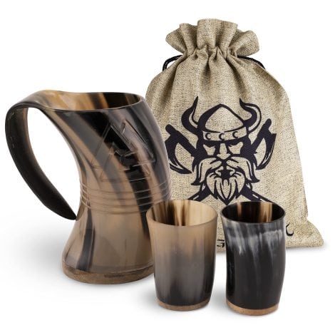 Jarra vikinga con cuerno de 600 ml  Set de Jarra Odin y 2 vasos vikingos para disfrutar de tu hidromiel  Elementos vikingos auténticos para ambientar, juego medieval, reconstituciones históricas, cuencos.