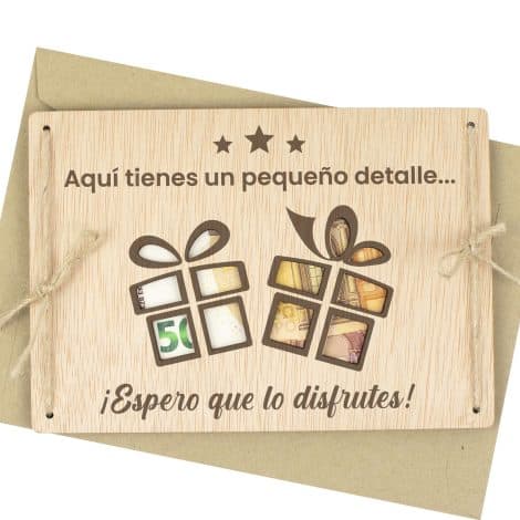 Tarjeta CONTRAXT: Innovadora forma de regalar dinero con una original tarjeta de madera y sobre sorpresa para cumpleaños y aniversarios.