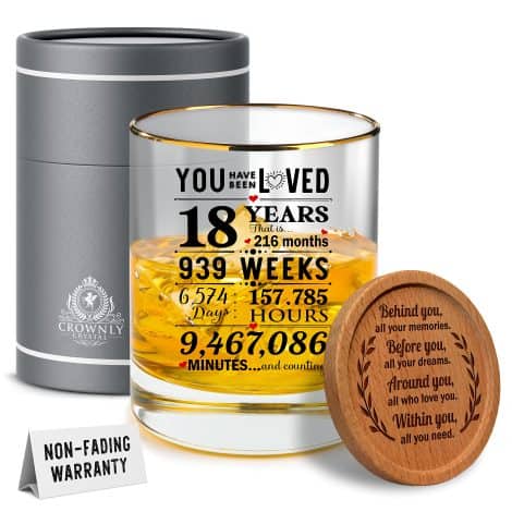 Vaso de Whisky Kies® GIFT 18 años, un regalo especial para hombres y mujeres en su 18 cumpleaños. Vasos de cristal originales.