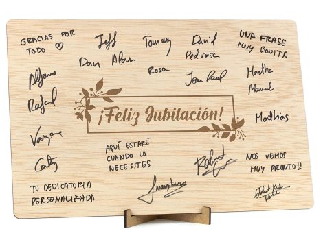 Tarjeta de regalo Feliz Jubilación CONTRAXT: Libro de firmas de madera, perfecto para una celebración original para hombre o mujer.