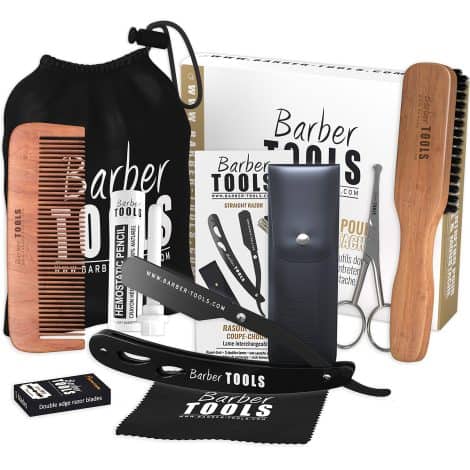 Set de cuidado y afeitado para barba con 10 accesorios de la marca BARBER TOOLS.