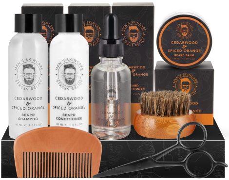 Conjunto de cuidado de barba BRUBAKER de 7 piezas con champú, acondicionador, aceite, bálsamo, cepillo, peine y tijeras. Ideal para mantener y regalar a hombres.