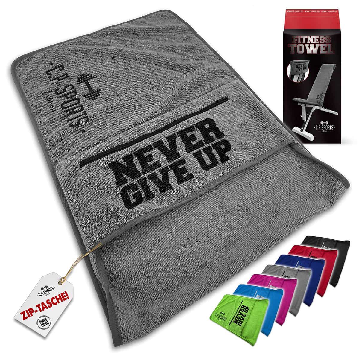 C.P.Sports C.P. SPORTS Fitness Towel Microfibre | Fijación + Bolsa con Cremallera | Gimnasio Entrenamiento Deporte | Extra Suave, Lavable, Larga y Grande | para Mujeres y Hombres | Color Gris Claro